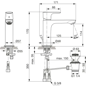 Vonios kriauklės maišytuvas Ideal Standard Connect Air, su vožtuvu, Silver Storm, A7012GN