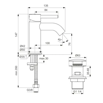 Vonios kriauklės maišytuvas Ideal Standard CeraLine, su Click-Clack vožtuvu, matinė juoda, BC822XG