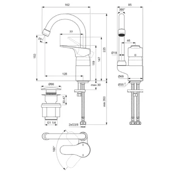 Vonios kambario praustuvo maišytuvas Ideal Standard Cerabase, su Click-Clack vožtuvu, 162x225x85 mm, chromas, BC835AA