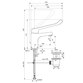 Vonios kambario kriauklės maišytuvas Ideal Standard Cerabase, su medicinine pakuote, 106 mm, 255 mm, chromas, BD061AA