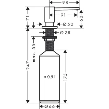 Skystųjų muilų dozatorius Hansgrohe A41, 500 ml, matinė juoda, 40438670 NEW