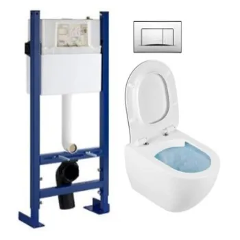 Tualeto komplektas Sanindusa Sanfix rėmas su SANIBOLD Rimfree baltu unitazu su SoftClose dangčiu ir chromuota mygtuku