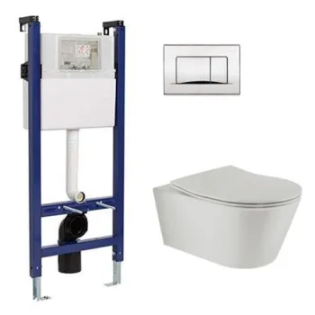 Sanindusa Sanfix tualetės komplektas su Urb.y 48 Rimfree pilku unitazu su SoftClose dangčiu ir chromuotu satino mygtuku