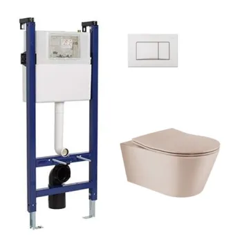 Tualeto puodų komplektas Sanindusa Sanfix rėmas su Urb.y 48 Rimfree Taupe Matt puodu su SoftClose dangčiu ir balta mygtuku