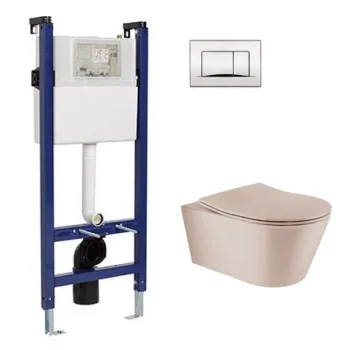 Tualeto puodų komplektas Sanindusa Sanfix rėmas su Urb.y 48 Rimfree Taupe Matt puodu su SoftClose dangčiu ir chromuota satino mygtuku