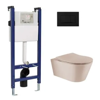 Tualeto puodų komplektas Sanindusa Sanfix rėmas su Urb.y 48 Rimfree Taupe Matt puodu su SoftClose dangčiu ir juoda mygtuku