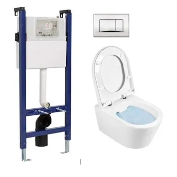Sanindusa Sanfix tualetės komplektas su Urb.y 48 Rimfree balta tualetu su SoftClose dangčiu ir chromuota satino mygtuku
