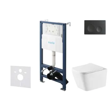 Tualeto komplektas Kielle Genesis rėmas su Kielle Arkas I Rimless+ unitazu, SoftClose dangčiu ir Gemini New I matinės juodos mygtuku 30528SS75