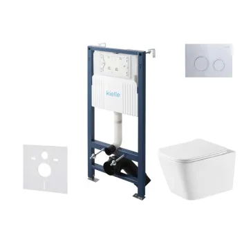 Tualeto komplektas Kielle Genesis su Kielle Arkas I Rimless+ unitazu, SoftClose dangčiu ir Gemini New II chromuota mygtuku 30528SS77