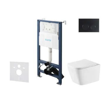 Tualeto komplektas Kielle Genesis su Kielle Arkas I Rimless+ unitazu, SoftClose dangčiu ir Gemini New II juoda matinė mygtuku 30528SS78