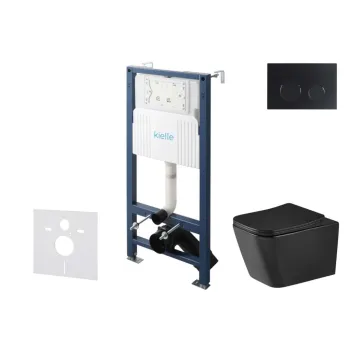 Tualetes podo komplektas Kielle Genesis Rėmas su Kielle Arkas I Vortex Rimless+ juodu podu, SoftClose dangčiu ir Gemini New II juoda matinė mygtuku 30528SS95