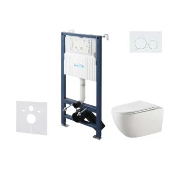 Tualeto komplektas Kielle Genesis su Kielle Gaia be rėmelio unitazu, SoftClose dangčiu ir Gemini New I baltu mygtuku 30528SS10