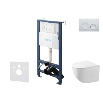 Tualeto komplektas Kielle Genesis su Kielle Gaia be rėmelio unitazu, SoftClose dangčiu ir Gemini New I chromuota mygtuku 30528SS83