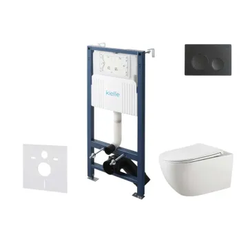Tualeto komplektas Kielle Genesis su Kielle Gaia be krašto unitazu, SoftClose dangčiu ir Gemini New I matinės juodos mygtuku 30528SS12
