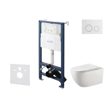 Tualeto komplektas Kielle Genesis su Kielle Gaia be rėmelio unitazu, SoftClose dangčiu ir Gemini New II chromuota/balta mygtuku 30528SS13