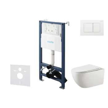 Tualeto komplektas Kielle Genesis su Kielle Gaia be krašto unitazu, SoftClose dangčiu ir Gemini New II chromuota/balta mygtuku 30528SS16