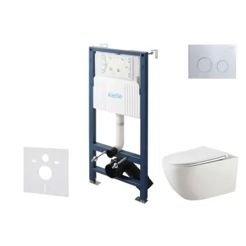 Tualeto komplektas Kielle Genesis su Kielle Gaia be krašto unitazu, SoftClose dangčiu ir Gemini New II chromuota mygtuku 30528SS14
