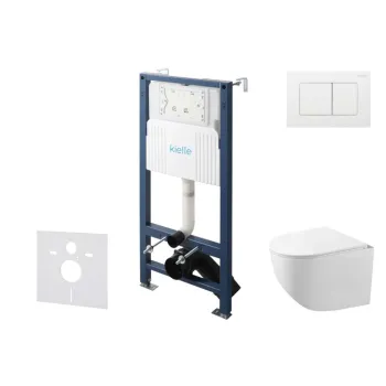 Tualeto komplektas Kielle Genesis su Kielle Gaia be krašto unitazu, SoftClose dangčiu ir Gemini New III balta mygtuku 30528SS88