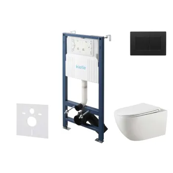 Tualeto komplektas Kielle Genesis su Kielle Gaia be krašto unitazu, SoftClose dangčiu ir Gemini New III matinės juodos mygtuku 30528SS18