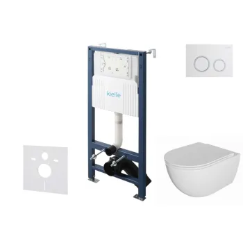 Tualeto komplektas Kielle Genesis su Kielle Oudee be rėmelio unitazu, SoftClose dangčiu ir Gemini New II chromuota/balta mygtuku 30528SS04