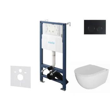 Tualeto komplektas Kielle Genesis su Kielle Oudee be krašto unitazu, SoftClose dangčiu ir Gemini New II matinės juodos mygtuku 30528SS06