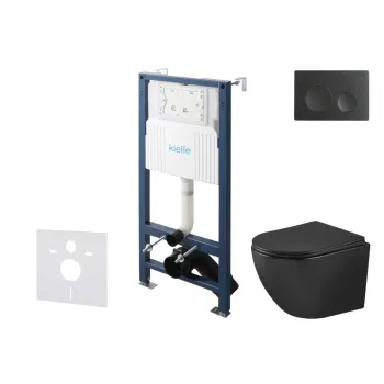 Tualeto komplektas Kielle Genesis su Kielle Oudee Vortex Rimless+ juodu klozetu, SoftClose dangčiu ir Gemini New I juoda matinė mygtuku 30528SS91