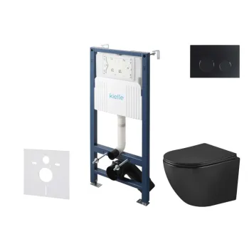 Tualeto komplektas Kielle Genesis su Kielle Oudee Vortex Rimless+ juodu puodu, SoftClose dangčiu ir Gemini New II juoda matinė mygtuku 30528SS92