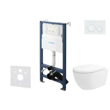 Tualeto komplektas Kielle Genesis su Kielle Oudee Vortex Rimless+ puodu, SoftClose dangčiu ir Gemini New I baltu mygtuku 30528SS19