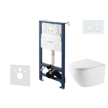 Tualetinio indo komplektas Kielle Genesis su Kielle Oudee Vortex Rimless indu, SoftClose dangčiu ir Gemini New I baltu mygtuku 30528SS55