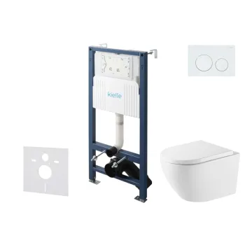 Tualeto komplektas Kielle Genesis su Kielle Oudee Vortex Rimless+ puodu, SoftClose dangčiu ir Gemini New I balta mygtuku 30528SS64