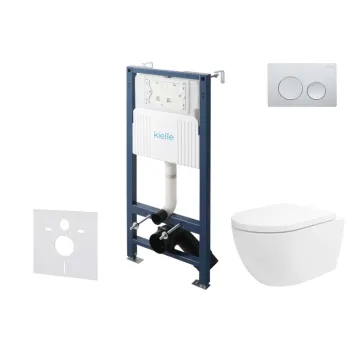 Tualeto komplektas Kielle Genesis su Kielle Oudee Vortex Rimless+ puodu, SoftClose dangčiu ir Gemini New I chromuota mygtuku 30528SS20
