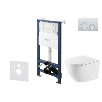 Tualeto komplektas Kielle Genesis su Kielle Oudee Vortex Rimless+ puodu, SoftClose dangčiu ir Gemini New I chromuota mygtuku 30528SS56