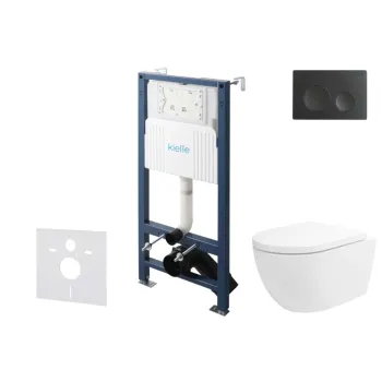 Tualeto puodų komplektas Kielle Genesis Rėmas su Klielle Oudee Vortex Rimless+ puodu, SoftClose dangčiu ir Gemini New I Juoda Matine Mygtuku 30528SS21