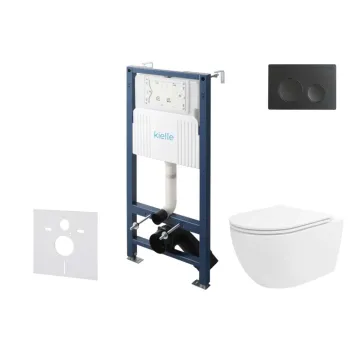 Tualeto komplektas Kielle Genesis su Kielle Oudee Vortex Rimless+ puodu, SoftClose dangčiu ir Gemini New I juoda matinė mygtuku 30528SS30
