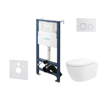 Tualeto komplektas Kielle Genesis su Kielle Oudee Vortex Rimless+ puodu, SoftClose dangčiu ir Gemini New II chromu/baltu mygtuku 30528SS22