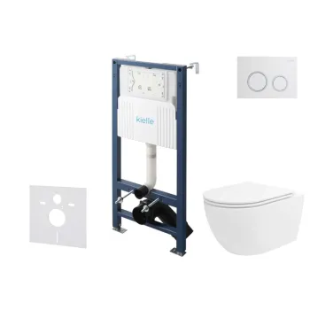 Tualeto komplektas Kielle Genesis su Kielle Oudee Vortex Rimless+ puodu, SoftClose dangčiu ir Gemini New II chromu/baltu mygtuku 30528SS31