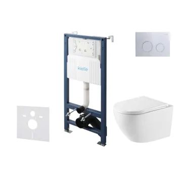 Tualeto komplektas Kielle Genesis su Kielle Oudee Vortex Rimless+ puodu, SoftClose dangčiu ir Gemini New II chromu mygtuku 30528SS59
