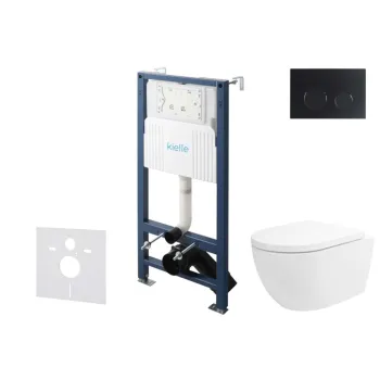 Tualeto komplektas Kielle Genesis su Kielle Oudee Vortex Rimless+ unitazu, SoftClose dangčiu ir Gemini New II matinės juodos mygtuku 30528SS24