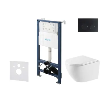 Tualeto komplektas Kielle Genesis su Kielle Oudee Vortex Rimless+ unitazu, SoftClose dangčiu ir Gemini New II juoda matinė mygtuku 30528SS60