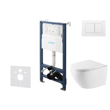 Tualeto komplektas Kielle Genesis su Kielle Oudee Vortex Rimless+ puodu, SoftClose dangčiu ir Gemini New III baltu mygtuku 30528SS61