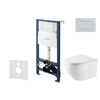 Tualeto komplektas Kielle Genesis su Kielle Oudee Vortex Rimless+ unitazu, SoftClose dangčiu ir Gemini New III chromuota mygtuku 30528SS62