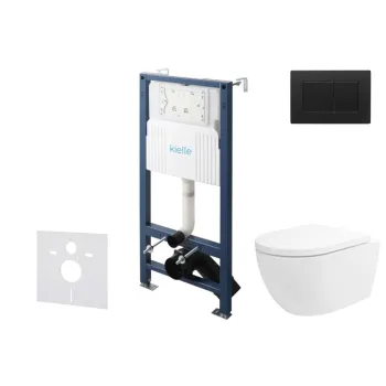 Tualeto komplektas Kielle Genesis su Kielle Oudee Vortex Rimless+ puodu, SoftClose dangčiu ir Gemini New III juoda matinė mygtuku 30528SS27