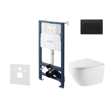 Tualeto komplektas Kielle Genesis su Kielle Oudee Vortex Rimless+ puodu, SoftClose dangčiu ir Gemini New III juoda matinė mygtuku 30528SS63