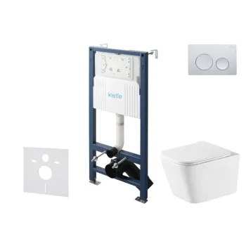 Tualeto komplektas Kielle Genesis su Kielle Arkas I Rimless+ unitazu, SoftClose dangčiu ir Gemini New II chromuota mygtuku 30528SS74