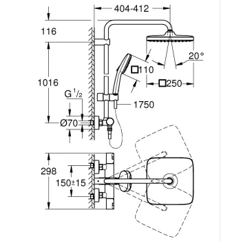 Dušo sistema Grohe Vitalio Comfort 250 su termostatu chromuota 26696001