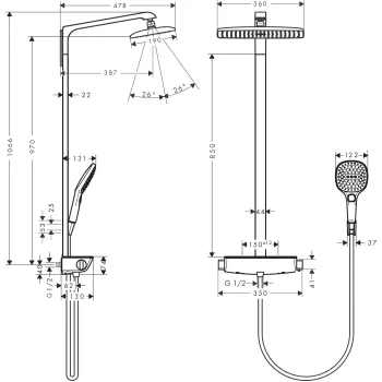 Dušo sistema Hansgrohe Raindance E Showerpipe 360 1jet EcoSmart su termostatu Chromuota 27286000