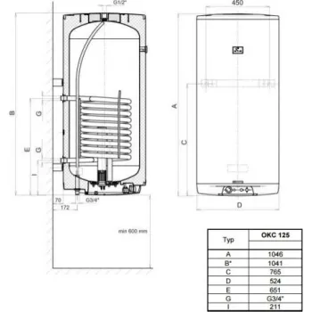 Kombinuotas vandens šildytuvas (Boileris) Dražice OKC-125L/1m2 vertikalus