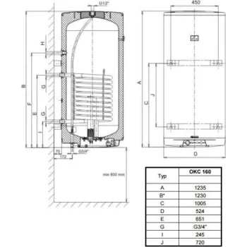 Kombinuotas vandens šildytuvas (Boileriai) Dražice OKC-160L/1m2 vertikalus
