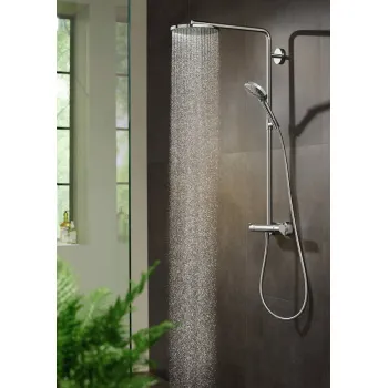 Dušos sistema Hansgrohe Raindance Select S Showerpipe dušo komplektas su termostatu, 3 srovės režimai, poliruotas juodas chromas 27633340