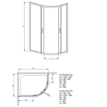 Radaway Asimetrinė dušo kabina Premium Plus E 120x90 cm